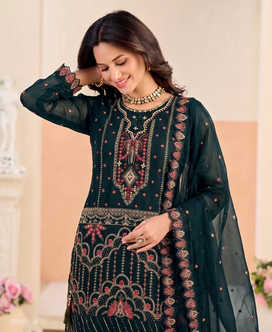 KC Teal Blue Pakistani Crunchy Silk Heavy Salwar Kameez For Women | Grocsy