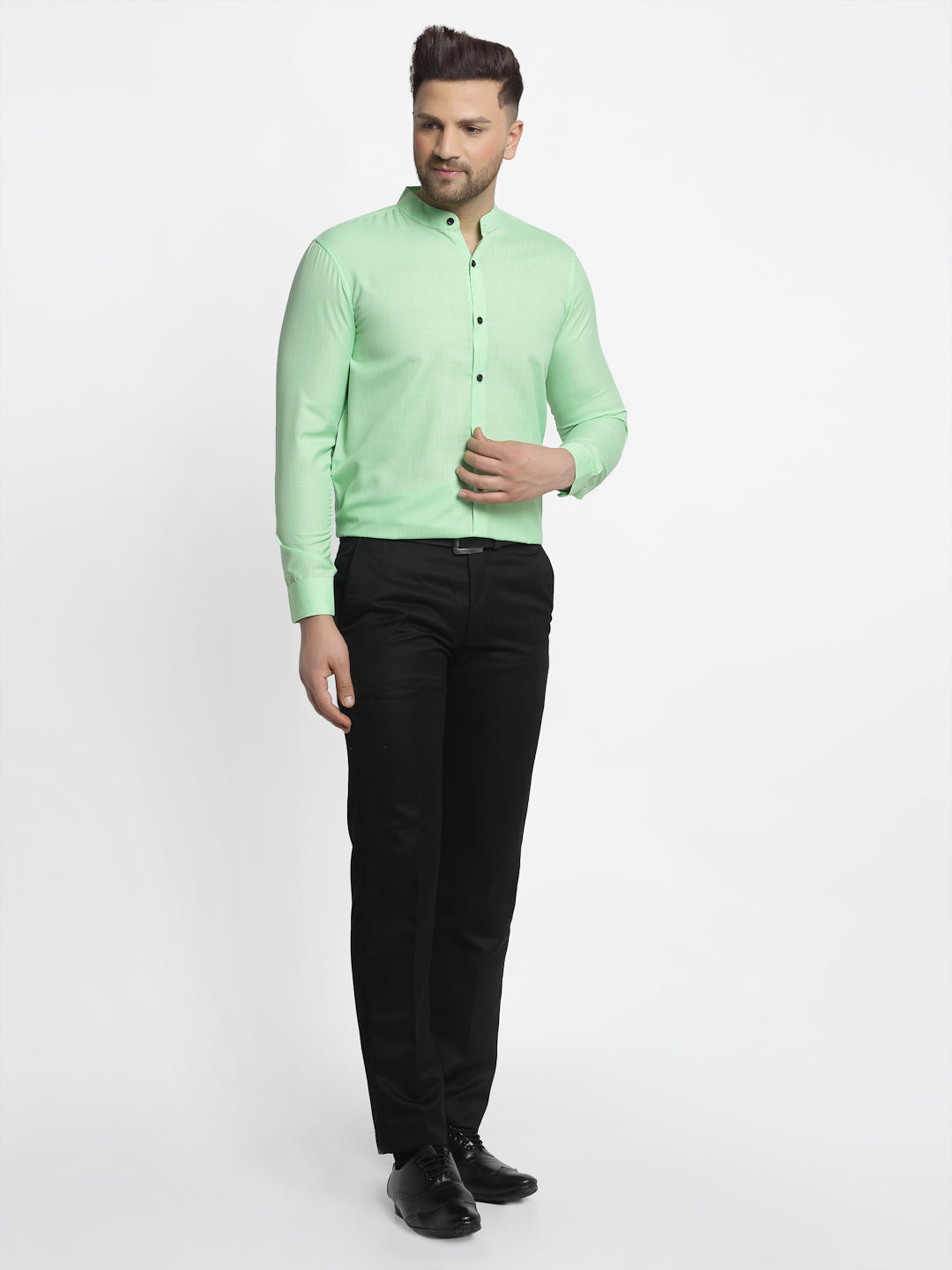 Jainish Green Men's Cotton Solid Mandarin Collar Formal Shirts ( SF 726Light-Green ) | Grocsy