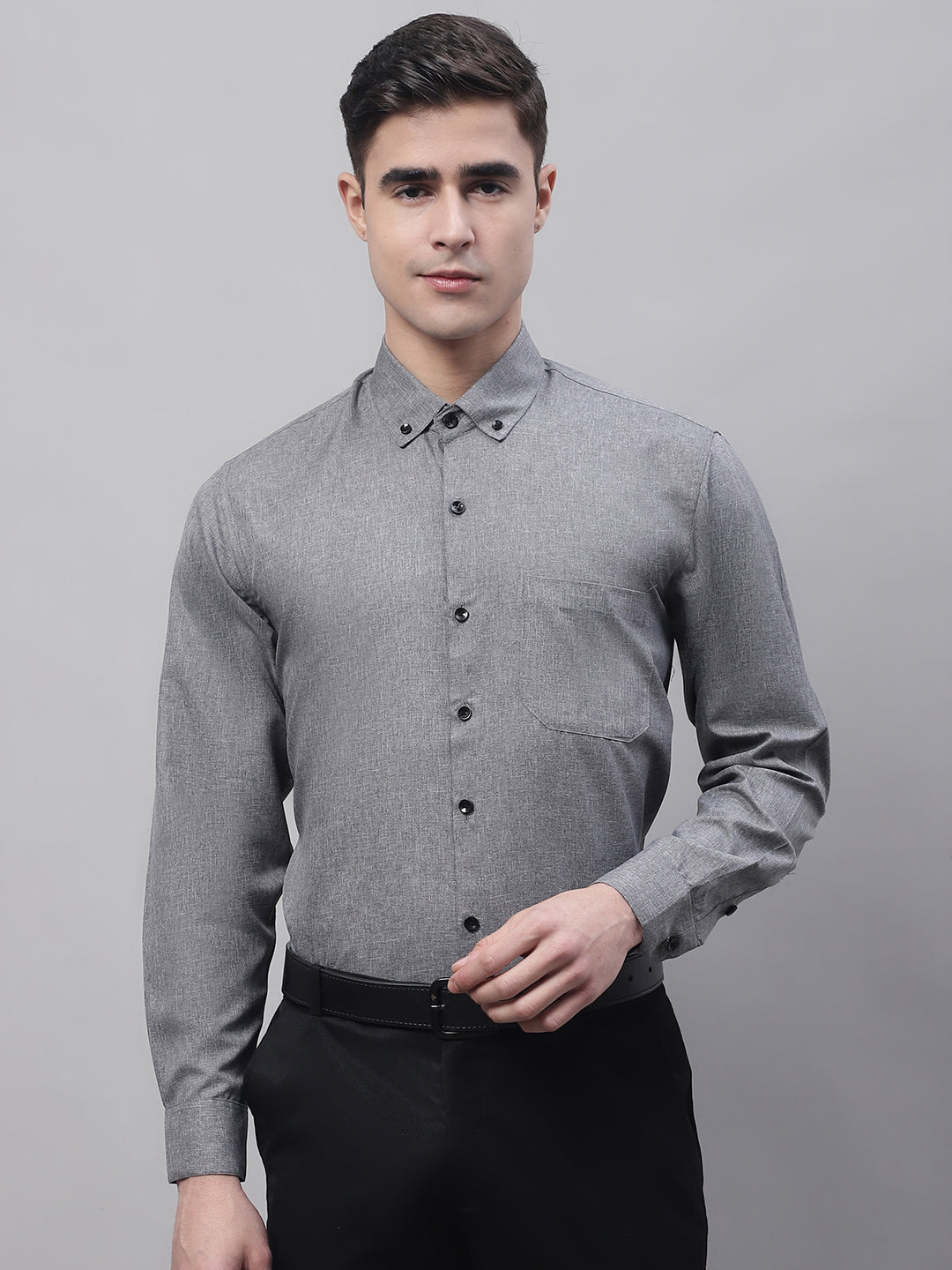 Jainish Men's Dark-Grey Cotton Solid Formal Shirt | Grocsy