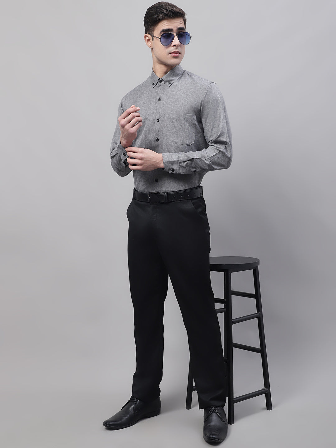 Jainish Men's Dark-Grey Cotton Solid Formal Shirt | Grocsy