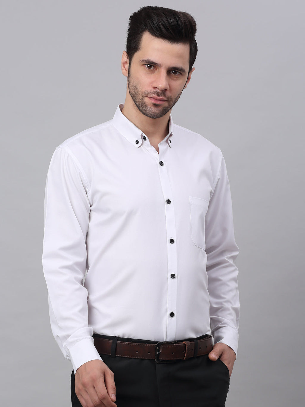 Jainish Men's Cotton Solid Button Down Formal Shirts - White | Grocsy