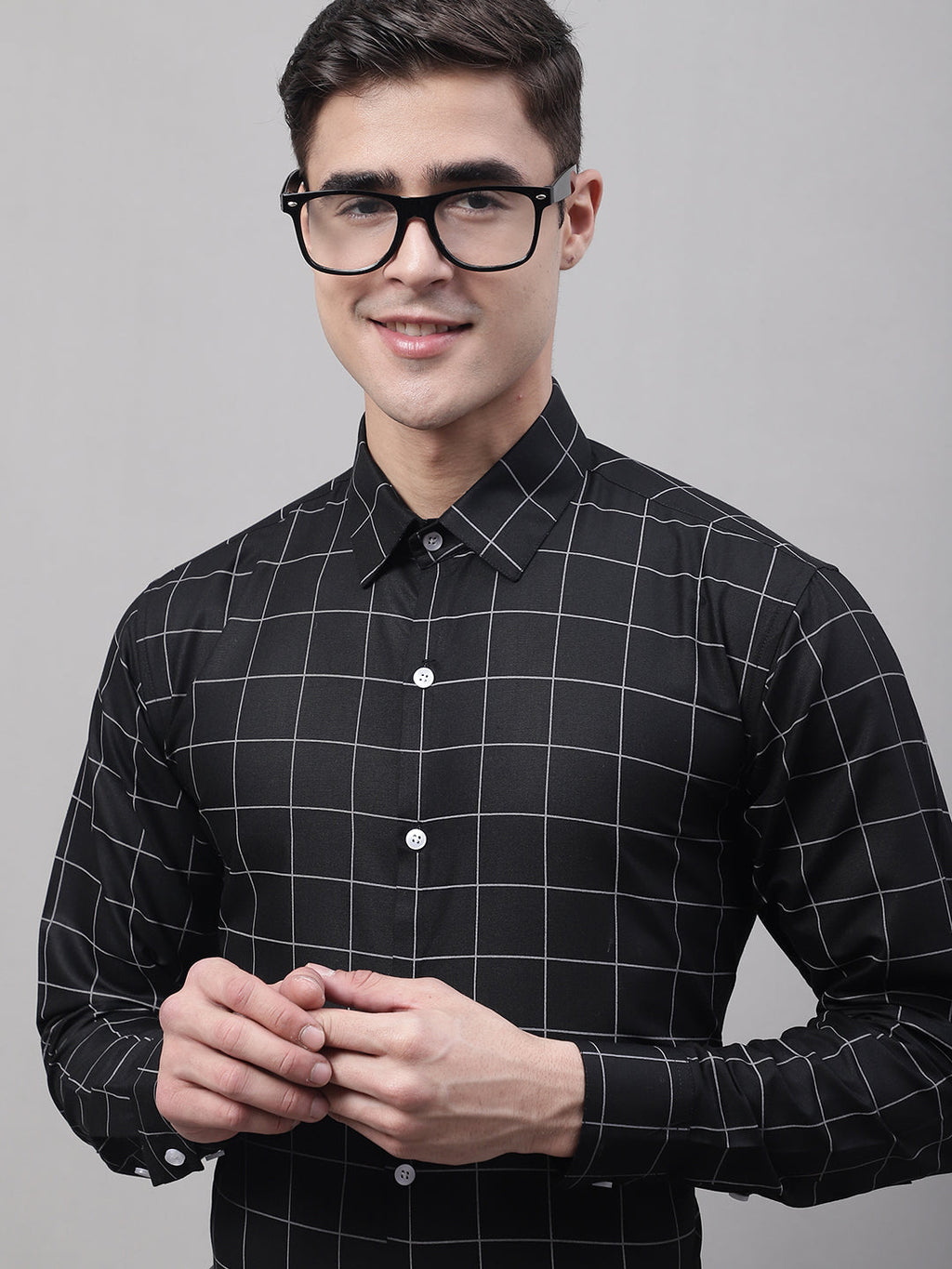 Jainish Men's Black Cotton Checked Formal Shirt | Grocsy