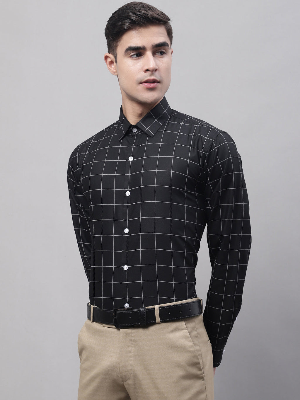 Jainish Men's Black Cotton Checked Formal Shirt | Grocsy
