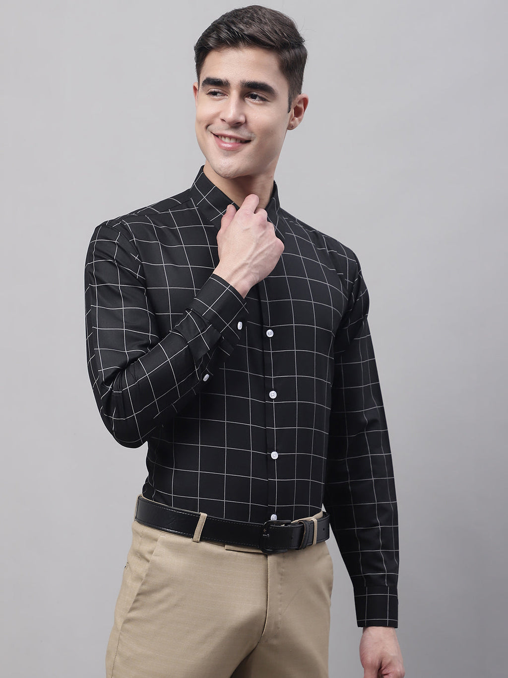 Jainish Men's Black Cotton Checked Formal Shirt | Grocsy