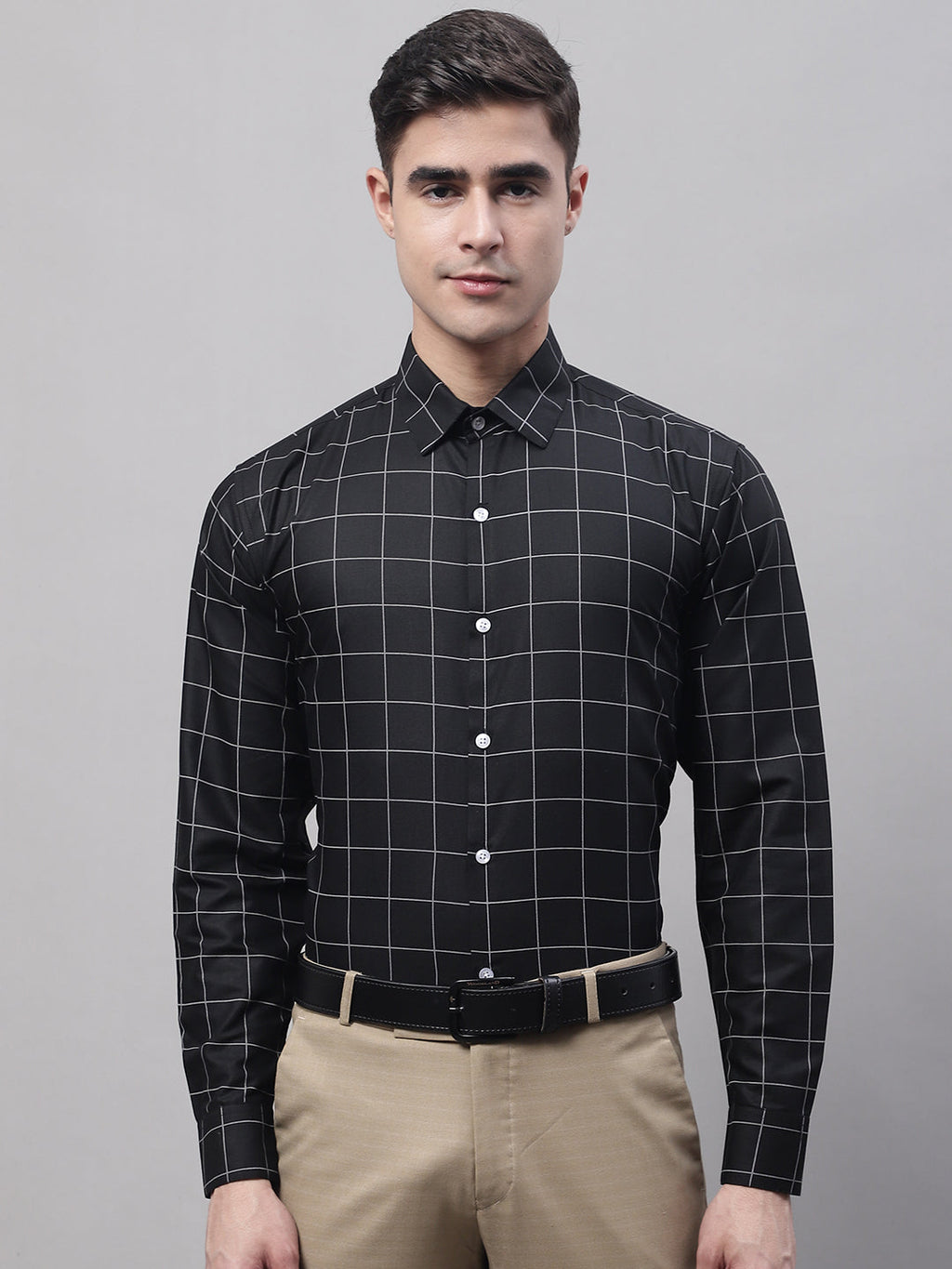 Jainish Men's Black Cotton Checked Formal Shirt | Grocsy