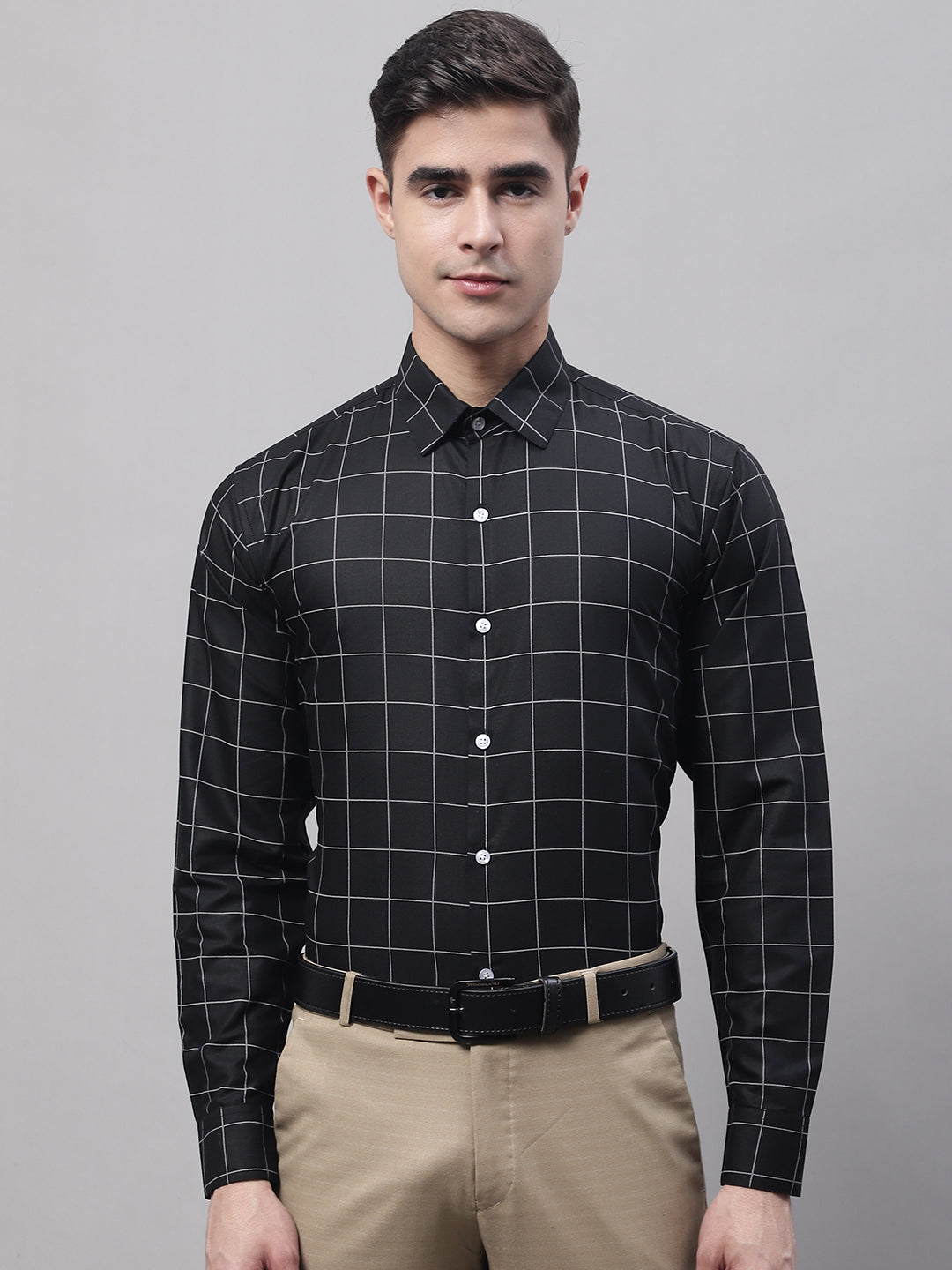 Jainish Men's Black Cotton Checked Formal Shirt | Grocsy