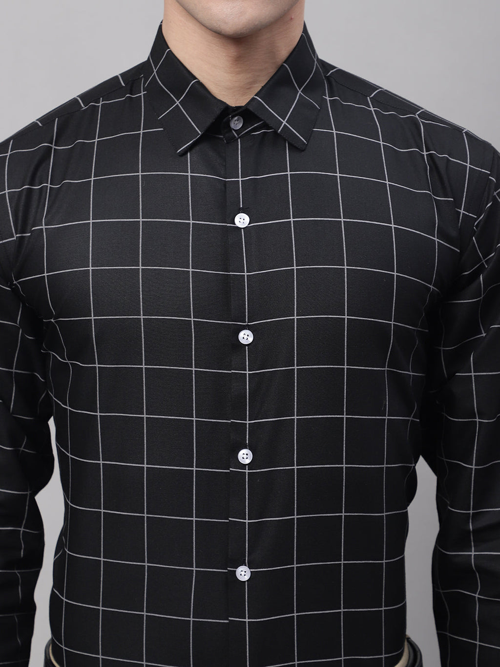 Jainish Men's Black Cotton Checked Formal Shirt | Grocsy