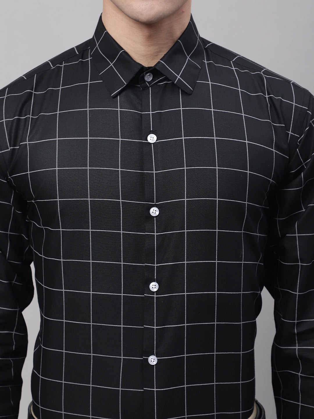 Jainish Men's Black Cotton Checked Formal Shirt | Grocsy