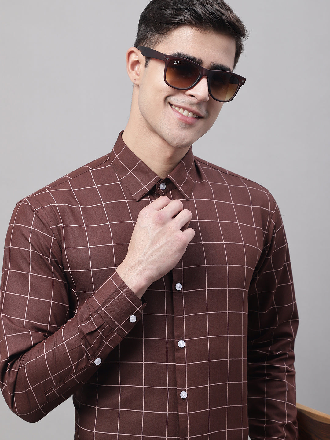 Jainish Men's Brown Cotton Checked Formal Shirt | Grocsy