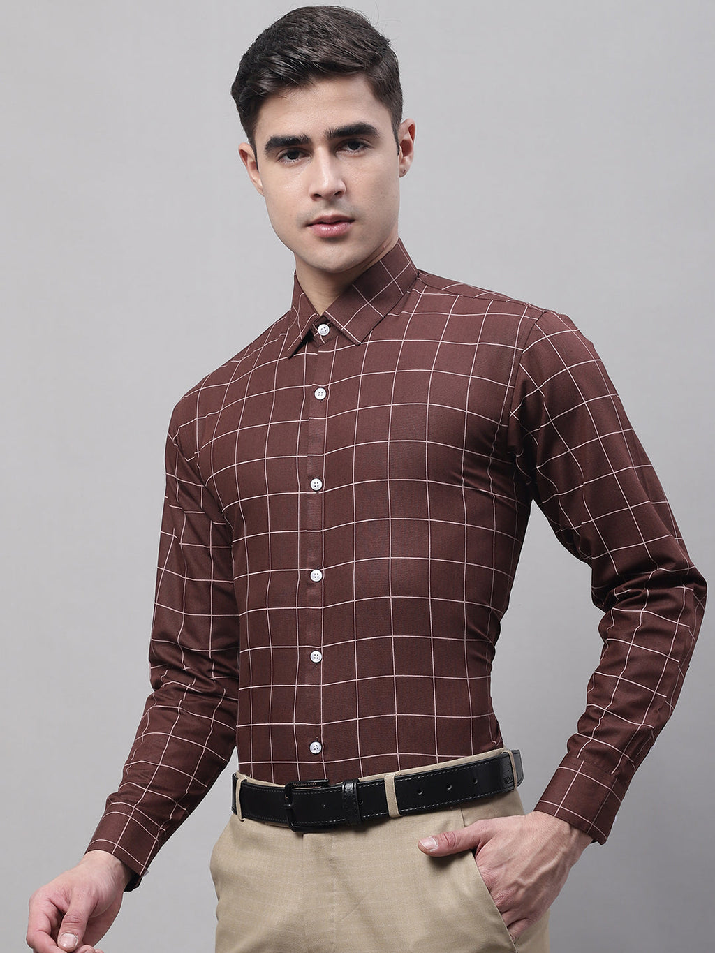 Jainish Men's Brown Cotton Checked Formal Shirt | Grocsy