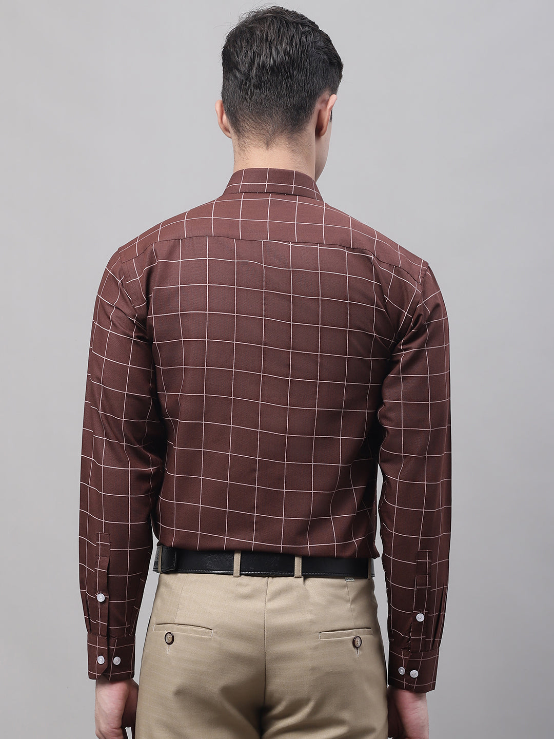 Jainish Men's Brown Cotton Checked Formal Shirt | Grocsy