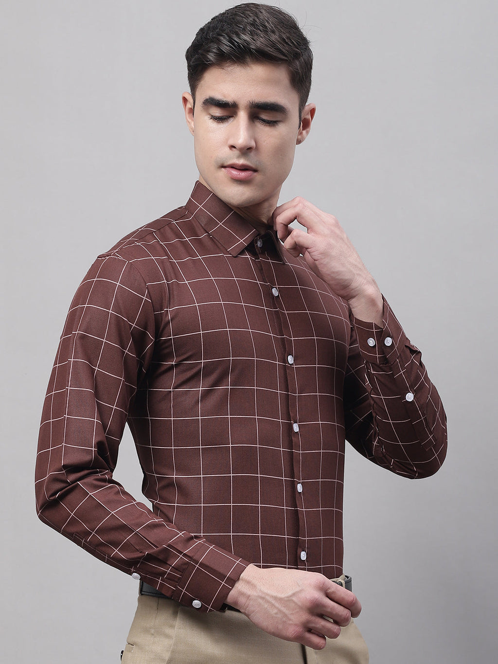 Jainish Men's Brown Cotton Checked Formal Shirt | Grocsy