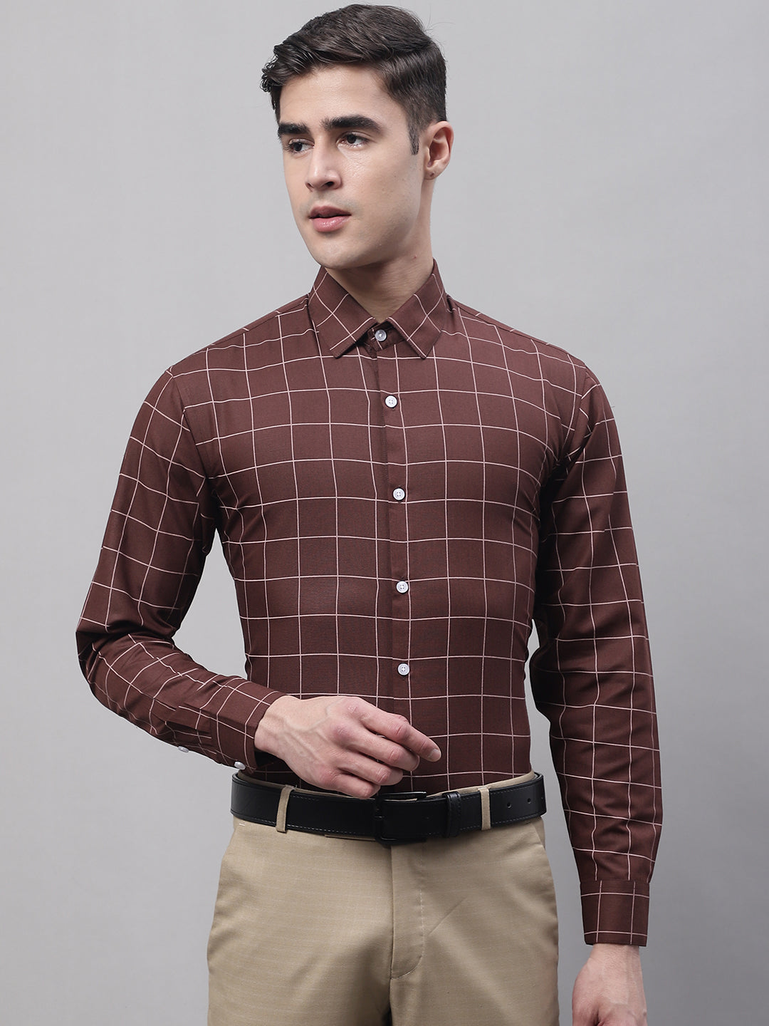 Jainish Men's Brown Cotton Checked Formal Shirt | Grocsy