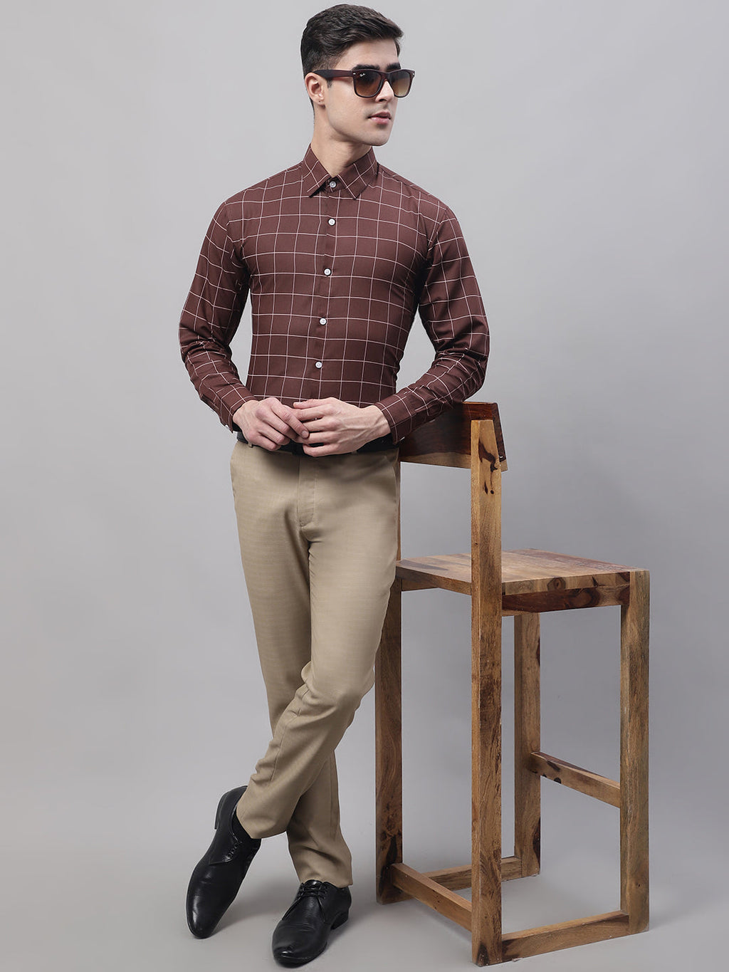 Jainish Men's Brown Cotton Checked Formal Shirt | Grocsy