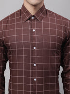 Jainish Men's Brown Cotton Checked Formal Shirt | Grocsy