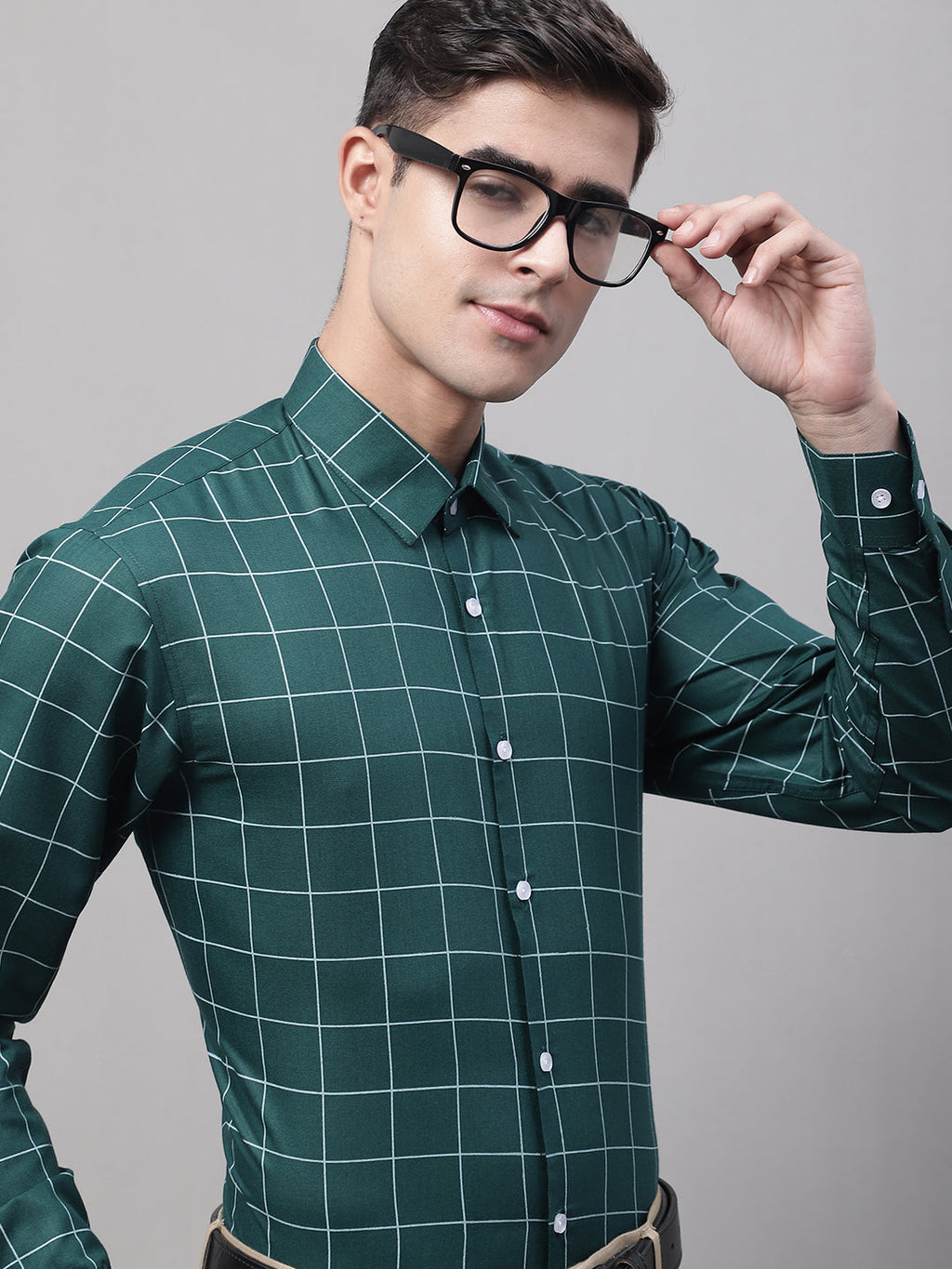 Jainish Men's Green Cotton Checked Formal Shirt | Grocsy