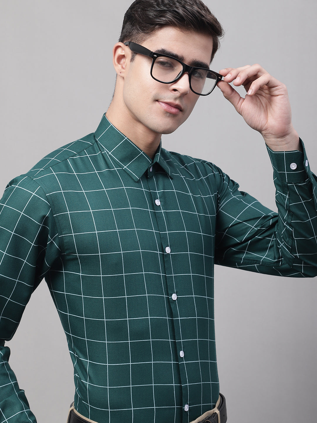 Jainish Men's Green Cotton Checked Formal Shirt | Grocsy