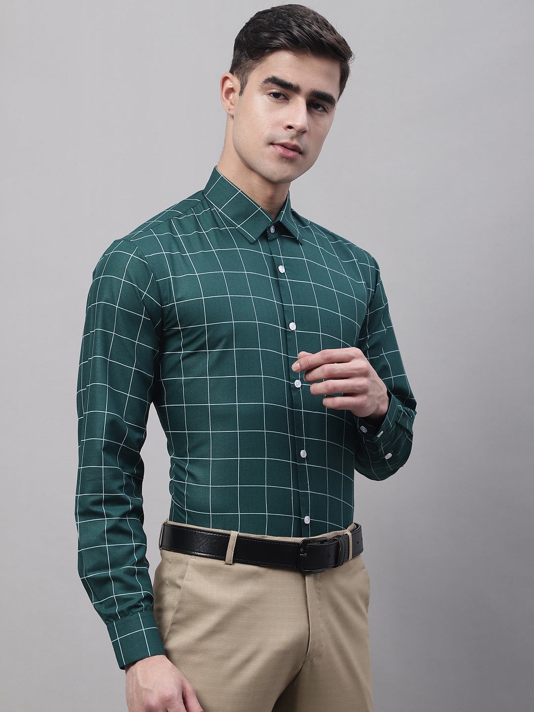 Jainish Men's Green Cotton Checked Formal Shirt | Grocsy