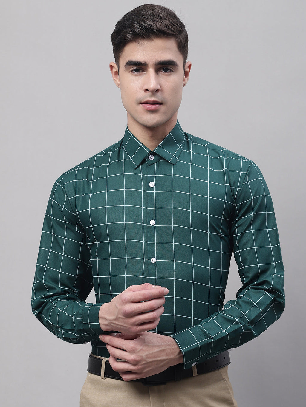 Jainish Men's Green Cotton Checked Formal Shirt | Grocsy