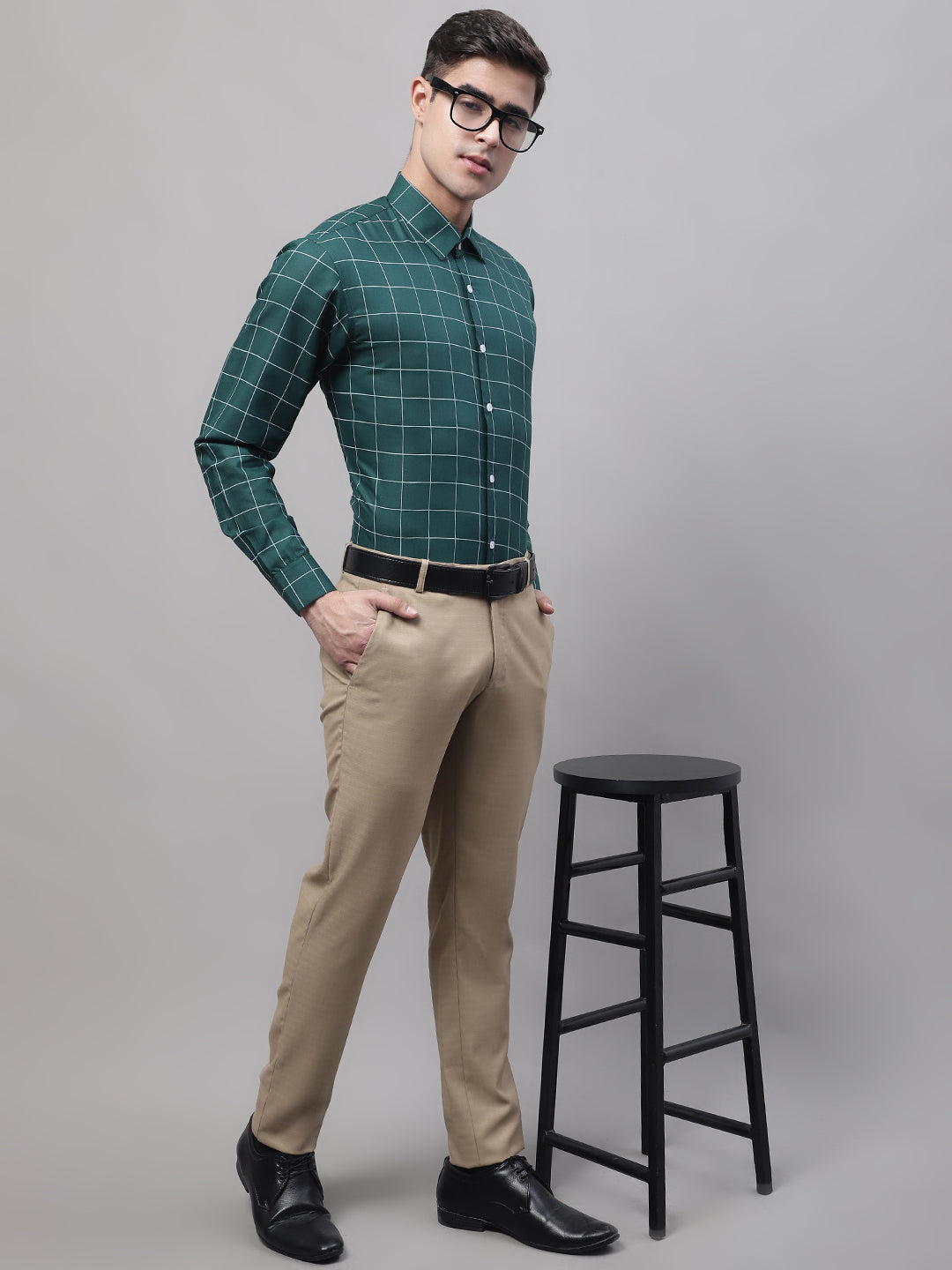 Jainish Men's Green Cotton Checked Formal Shirt | Grocsy