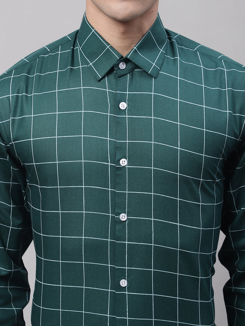 Jainish Men's Green Cotton Checked Formal Shirt | Grocsy