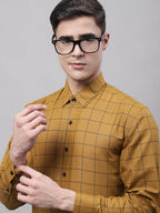 Jainish Men's Mustard Cotton Checked Formal Shirt | Grocsy