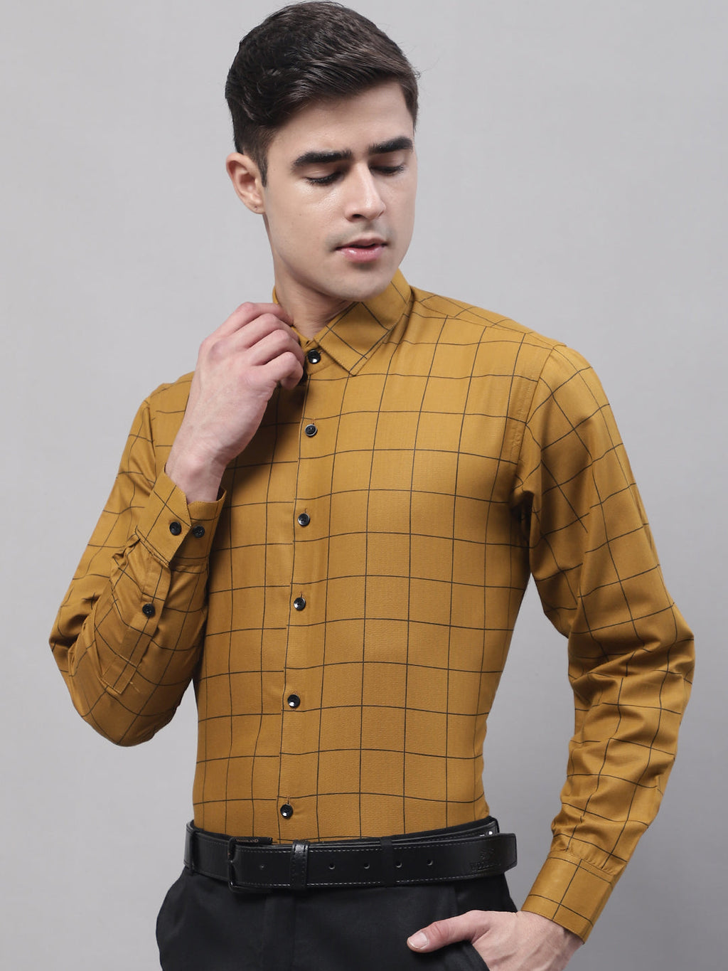 Jainish Men's Mustard Cotton Checked Formal Shirt | Grocsy