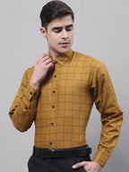 Jainish Men's Mustard Cotton Checked Formal Shirt | Grocsy