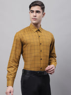 Jainish Men's Mustard Cotton Checked Formal Shirt | Grocsy