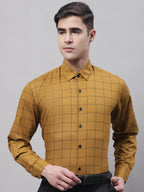 Jainish Men's Mustard Cotton Checked Formal Shirt | Grocsy