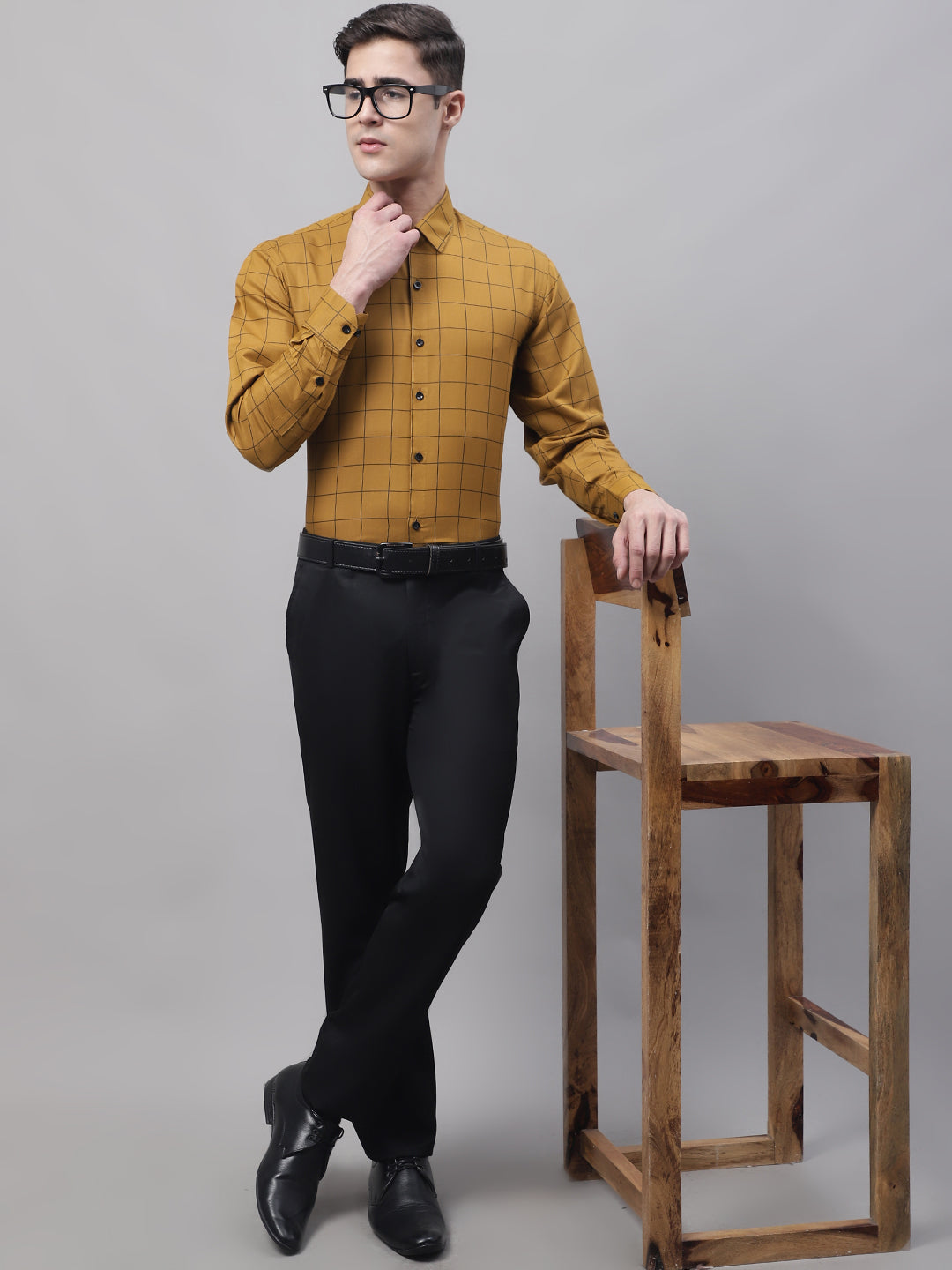 Jainish Men's Mustard Cotton Checked Formal Shirt | Grocsy