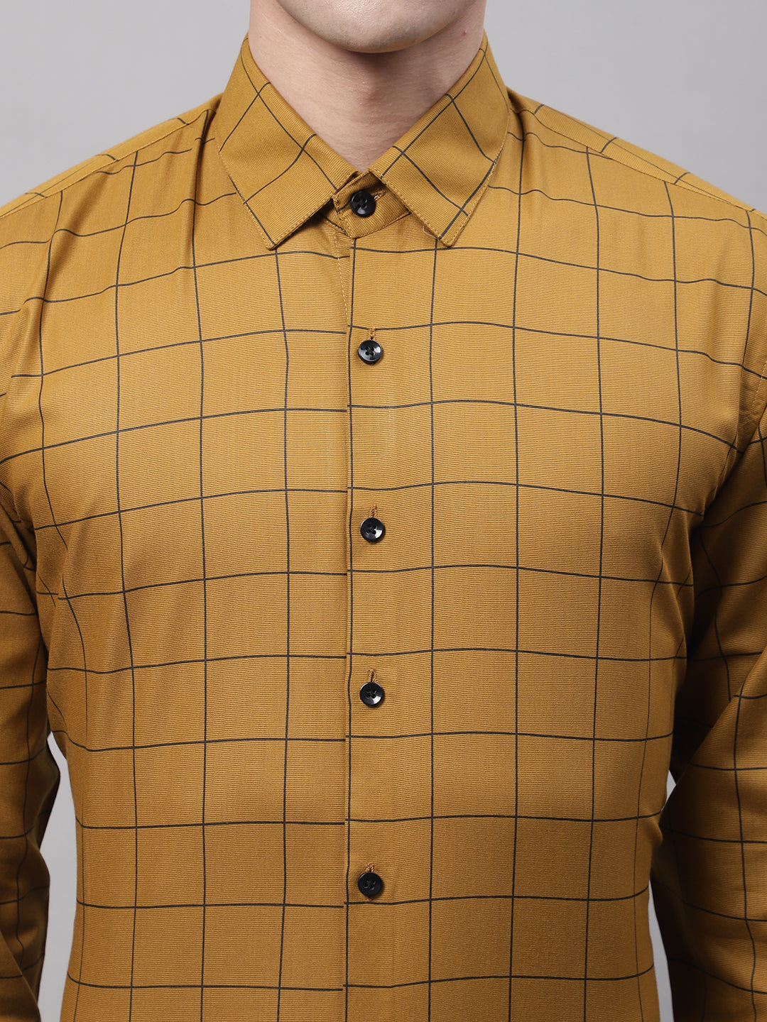 Jainish Men's Mustard Cotton Checked Formal Shirt | Grocsy