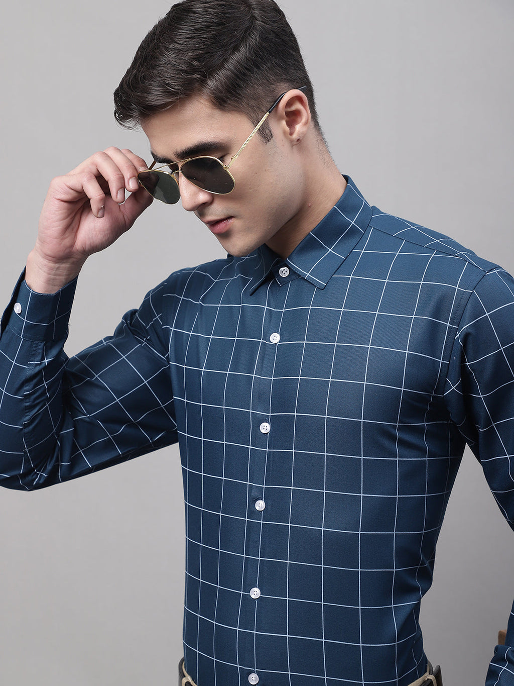 Jainish Men's Teal Blue Cotton Checked Formal Shirt | Grocsy