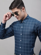 Jainish Men's Teal Blue Cotton Checked Formal Shirt | Grocsy