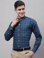 Jainish Men's Teal Blue Cotton Checked Formal Shirt | Grocsy