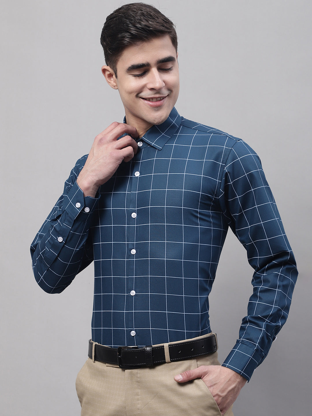 Jainish Men's Teal Blue Cotton Checked Formal Shirt | Grocsy
