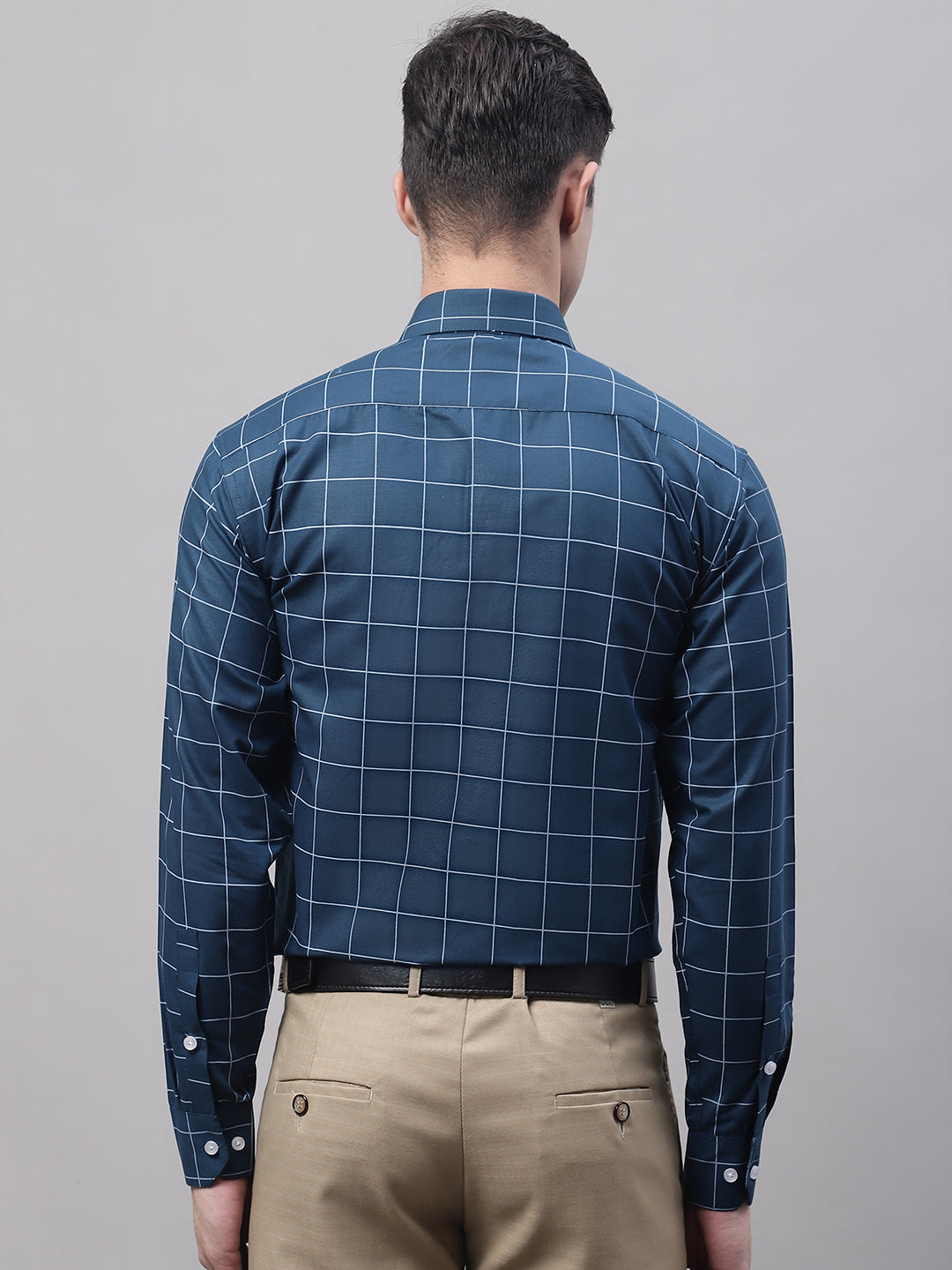 Jainish Men's Teal Blue Cotton Checked Formal Shirt | Grocsy