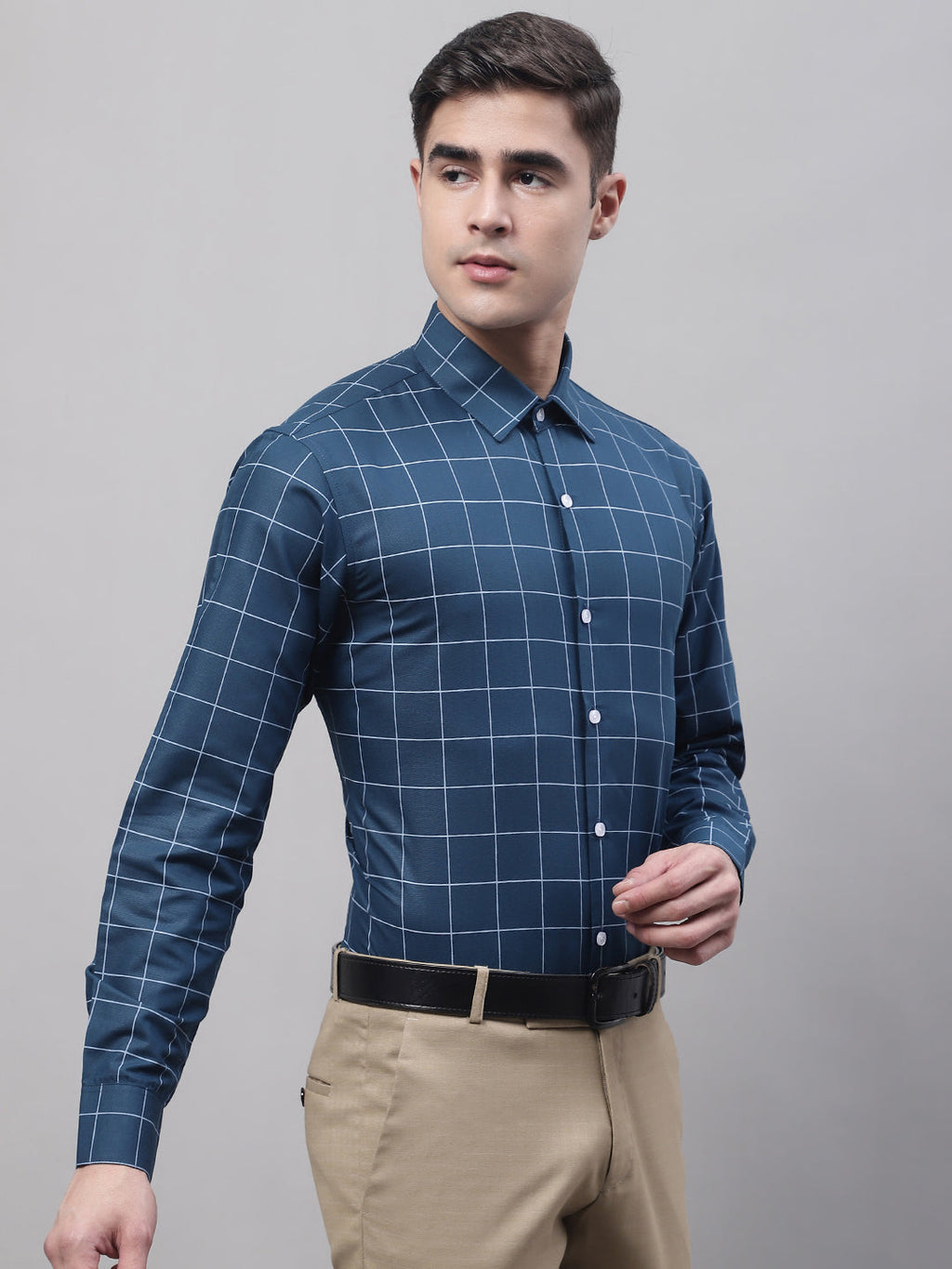 Jainish Men's Teal Blue Cotton Checked Formal Shirt | Grocsy