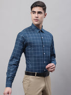 Jainish Men's Teal Blue Cotton Checked Formal Shirt | Grocsy