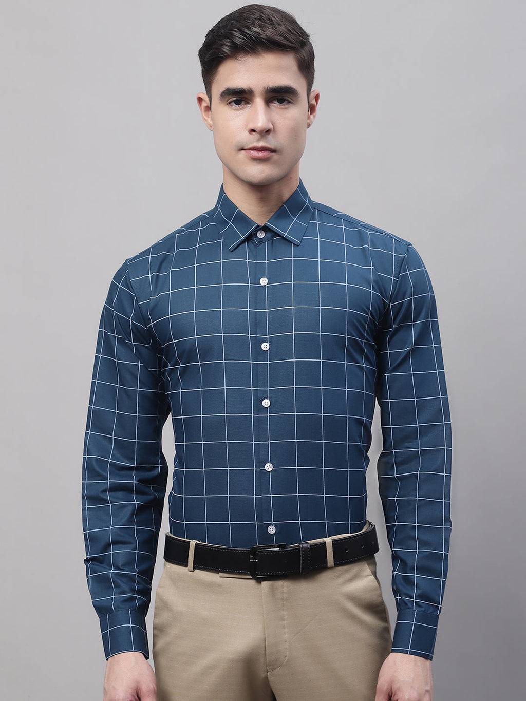 Jainish Men's Teal Blue Cotton Checked Formal Shirt | Grocsy
