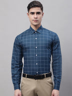 Jainish Men's Teal Blue Cotton Checked Formal Shirt | Grocsy