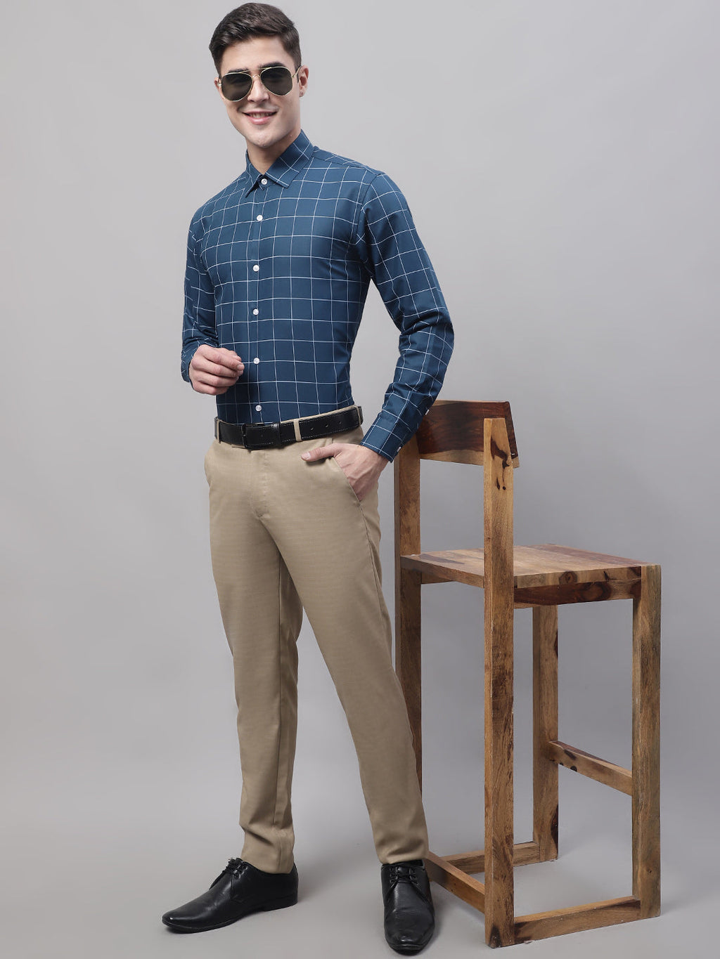 Jainish Men's Teal Blue Cotton Checked Formal Shirt | Grocsy