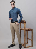 Jainish Men's Teal Blue Cotton Checked Formal Shirt | Grocsy