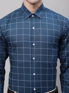 Jainish Men's Teal Blue Cotton Checked Formal Shirt | Grocsy