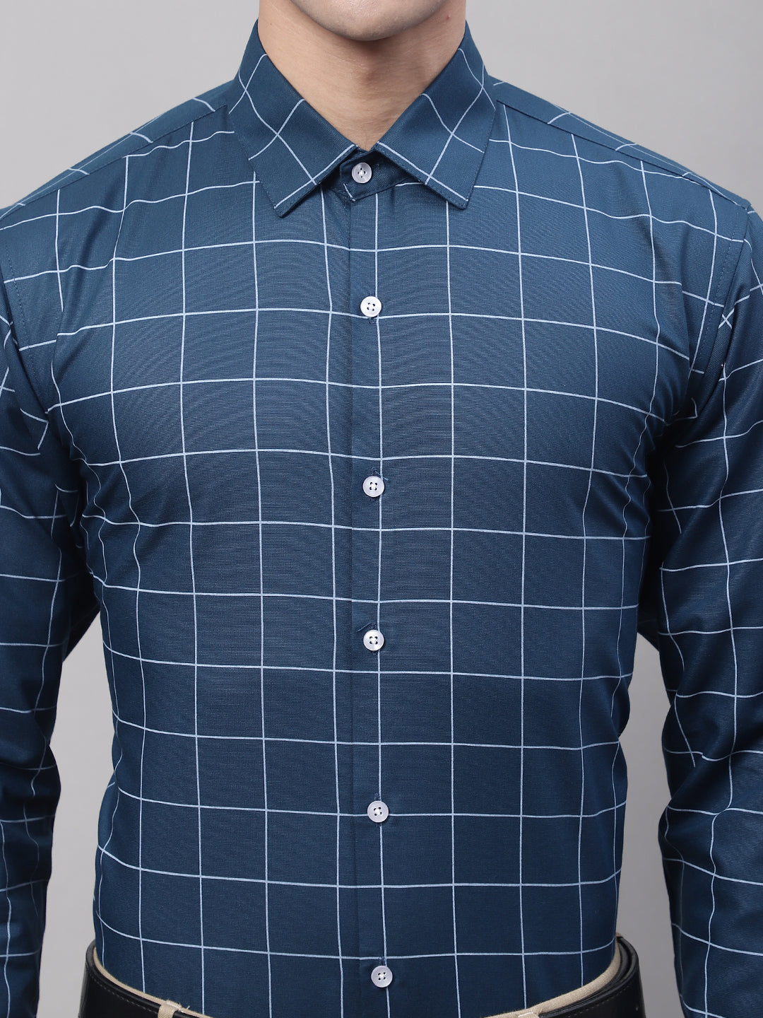 Jainish Men's Teal Blue Cotton Checked Formal Shirt | Grocsy