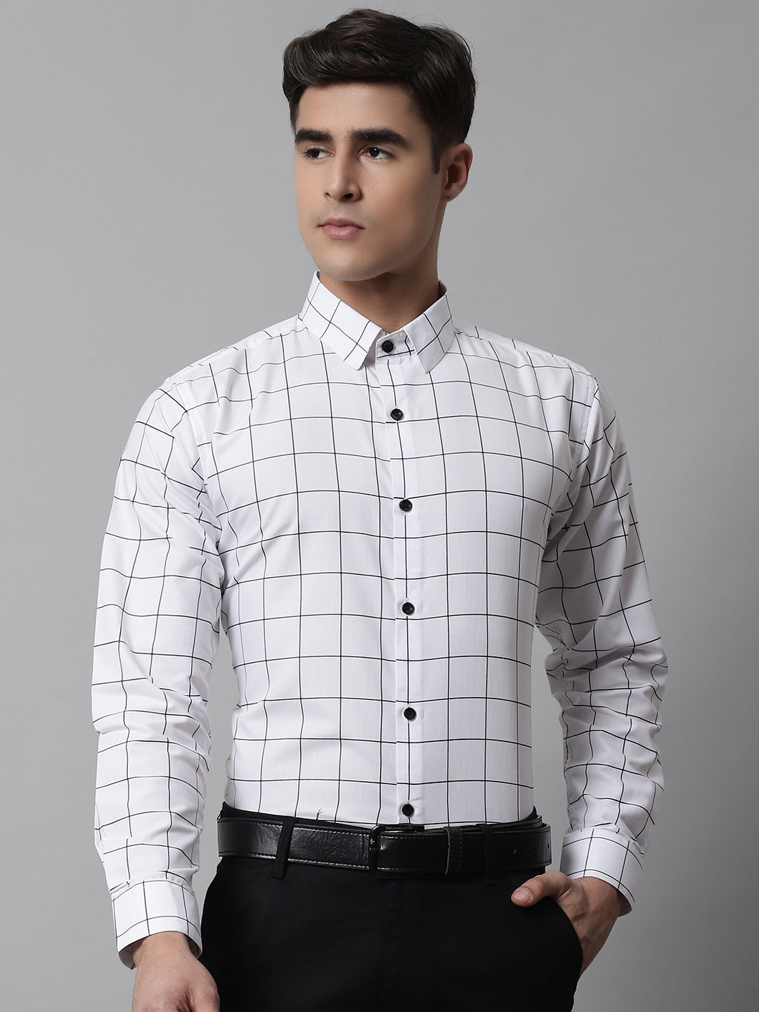 Jainish Men's Cotton Checked Formal Shirts - White | Grocsy