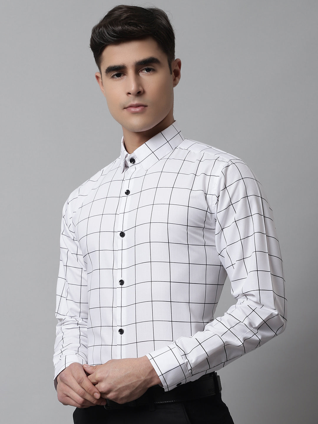 Jainish Men's Cotton Checked Formal Shirts - White | Grocsy