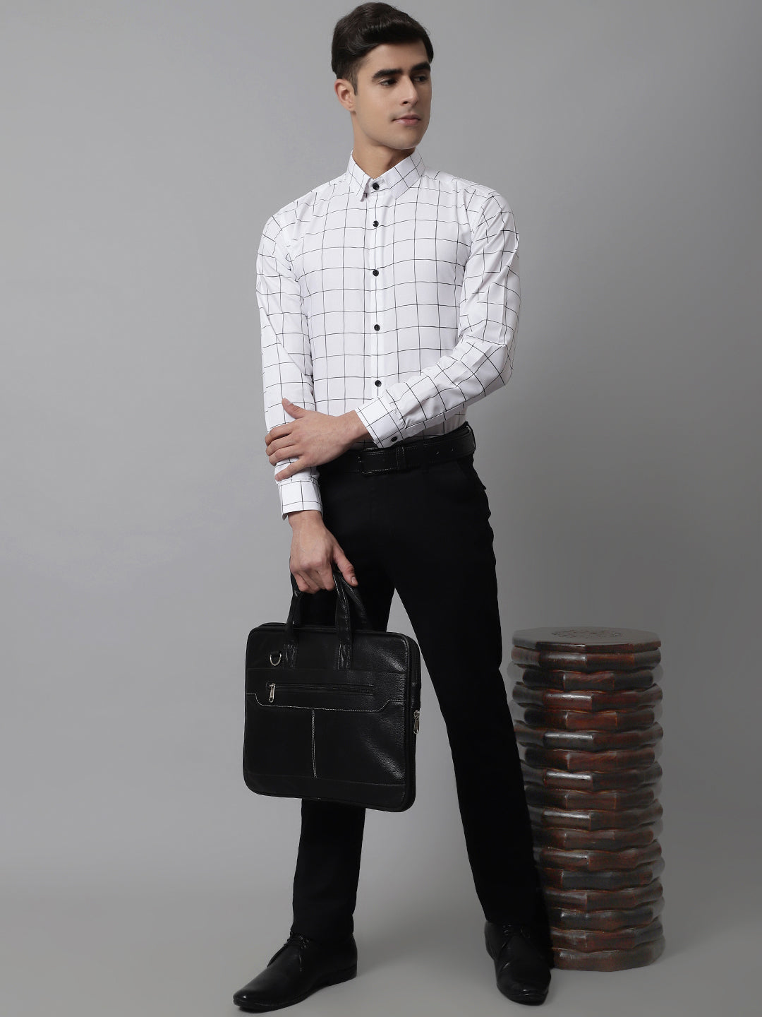 Jainish Men's Cotton Checked Formal Shirts - White | Grocsy