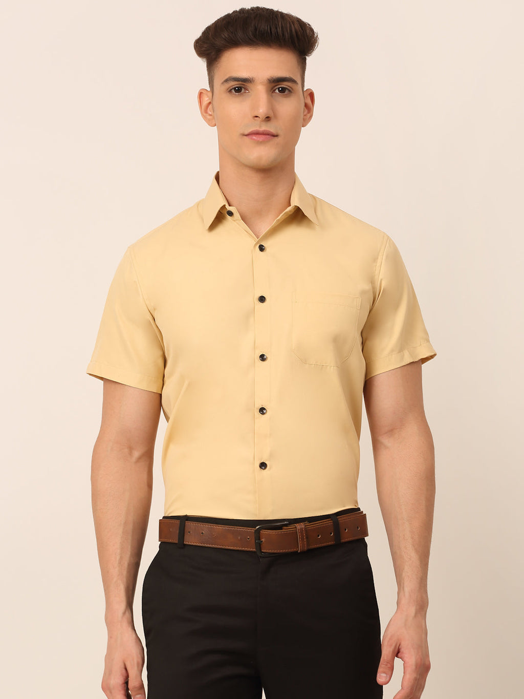 Jainish Men's Cotton Half Sleeves Solid Formal Shirts - Beige | Grocsy