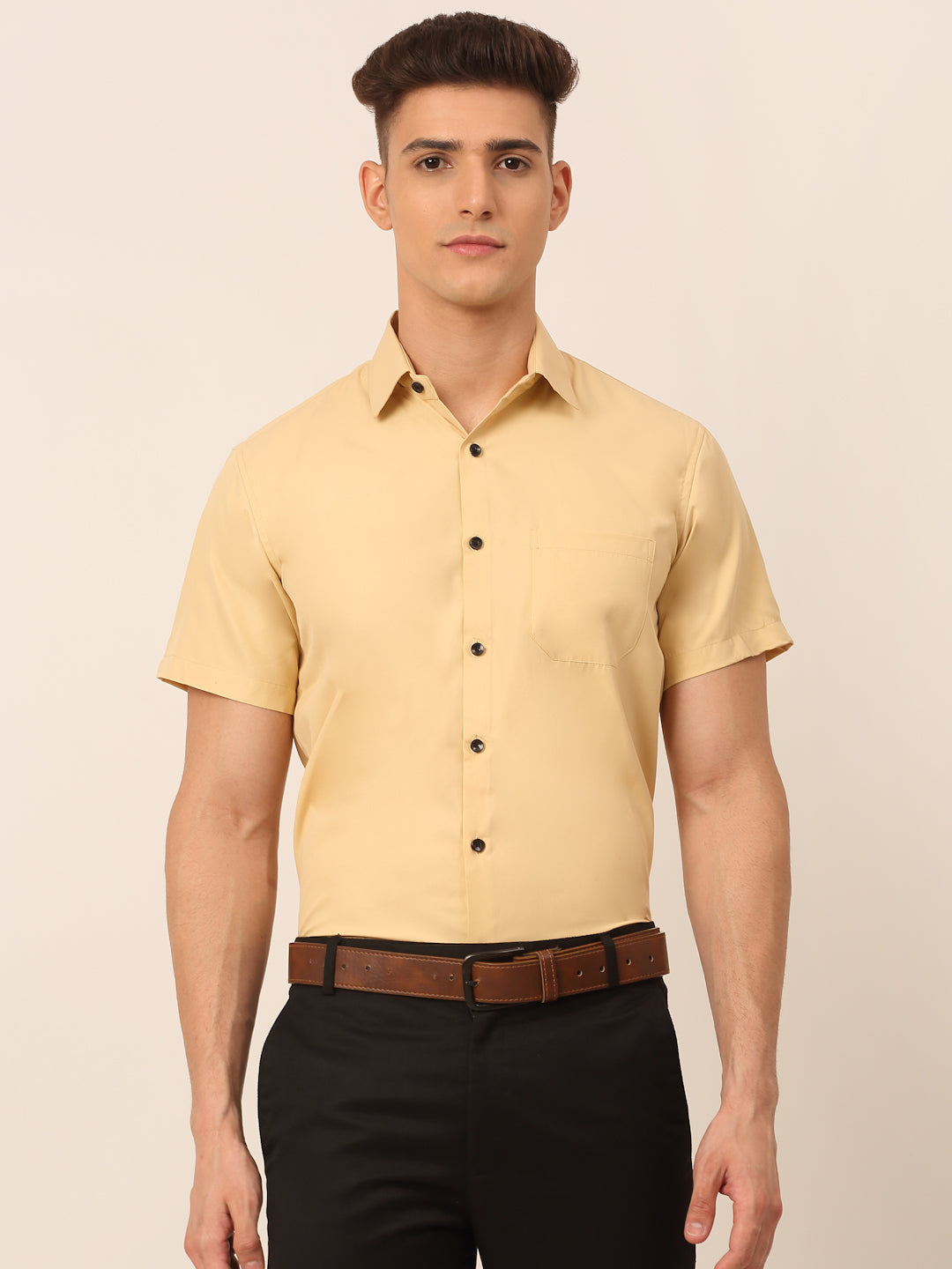 Jainish Men's Cotton Half Sleeves Solid Formal Shirts - Beige | Grocsy